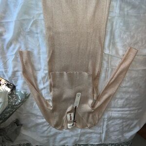 Beige Ribbed Long Sleeve Top and Skirt